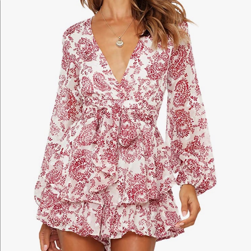 Red & white paisley print ruffle long sleeve romper - S